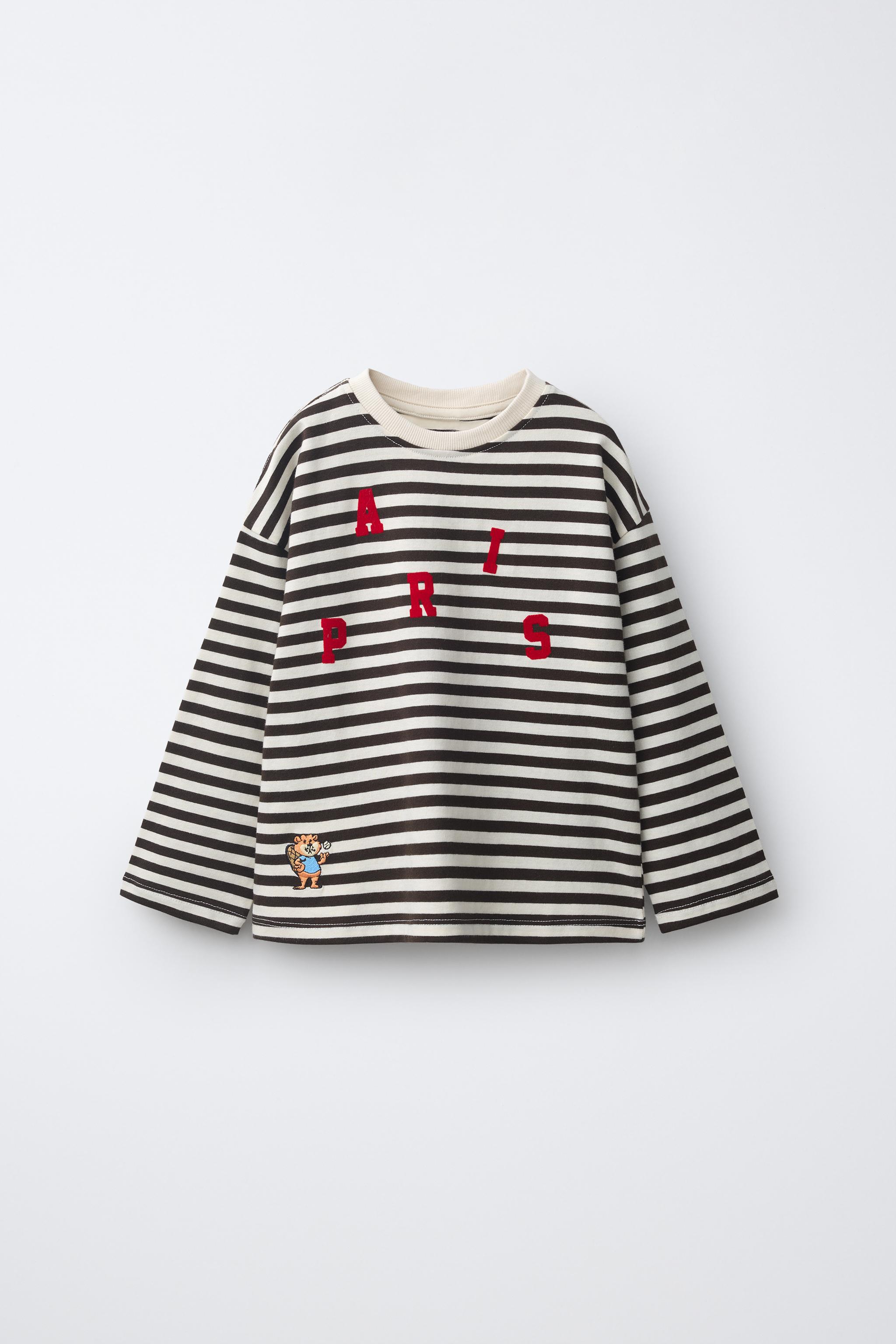 STRIPED EMBROIDERED FLOCKED TEXT T-SHIRT
